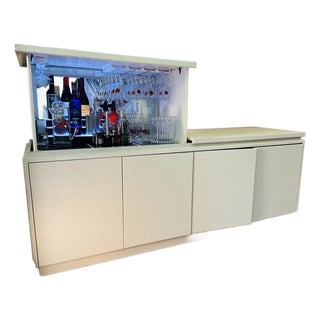 Late 20th Century Contemporary Painted Raffia Motorized Lift Bar Cabinet | Illuminated Entertaining Credenza | Hidden Cocktail Station For Sale