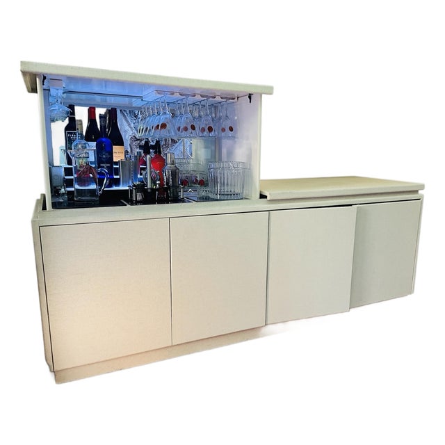 Late 20th Century Contemporary Painted Raffia Motorized Lift Bar Cabinet | Illuminated Entertaining Credenza | Hidden Cocktail Station For Sale