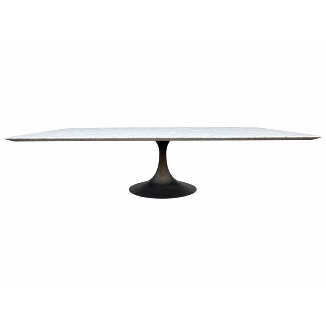 Metal Rh Aero Stone Rectangular Dining Table – 120" | Italian Carrara Marble Top | Cast Iron Pedestal Base For Sale - Image 7 of 18