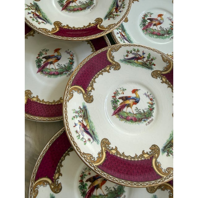 Vintage Myott Chelsea Bird Dessert Plates – 6 7/8 Inch Staffordshire England Plates – Burgundy and Gold English China - Set of Ten (10) For Sale In Chicago - Image 6 of 9