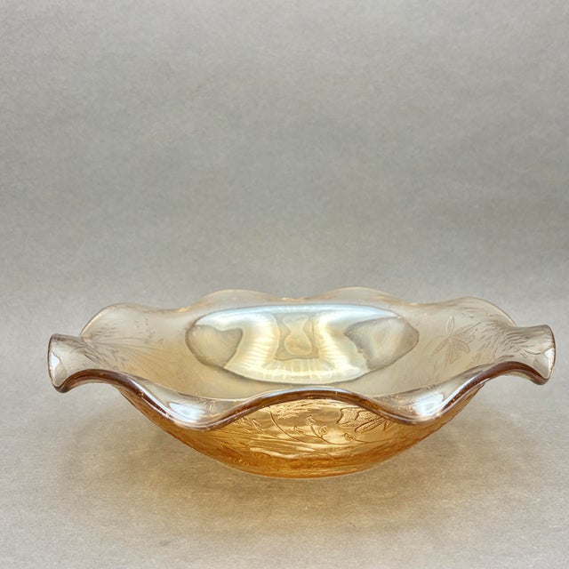 Jeannette Glass Vintage Jeannette Glass Co. Iridescent Marigold Glass “Floragold or Louisa” Ruffled Bowl With Impressed Florals For Sale - Image 4 of 9