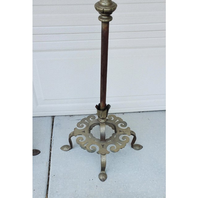 1920s Pair of 1920s Antique Wrought Iron Torchiere Candelabras Floor Candle Stands For Sale - Image 5 of 12