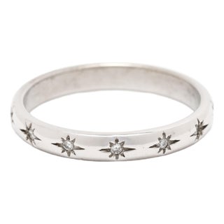Diamond Star Band Ring, 14k White Gold, Ring Size 5, Stackable For Sale