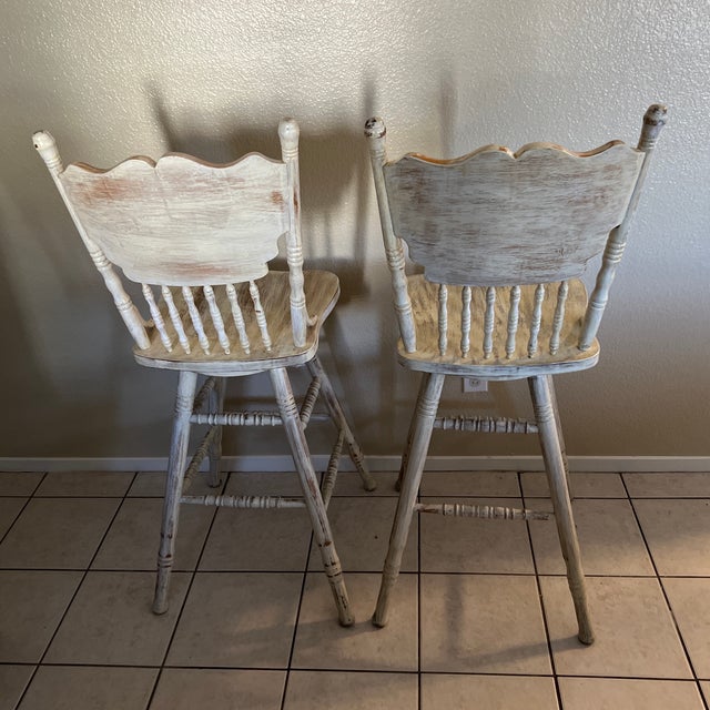 Farmhouse 1980s Rustic Distressed Whitewash Farmhouse Swivel Barstools For Sale - Image 3 of 7