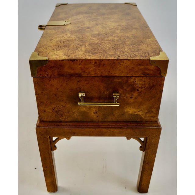 American Vintage Book Match Burl Wood & Brass Storage Trunk Chest For Sale - Image 3 of 12