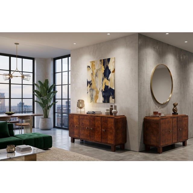 Splendid pair of original sideboards from the 1930s, authentic masterpieces of Art Deco cabinetry. Crafted from fine burl...