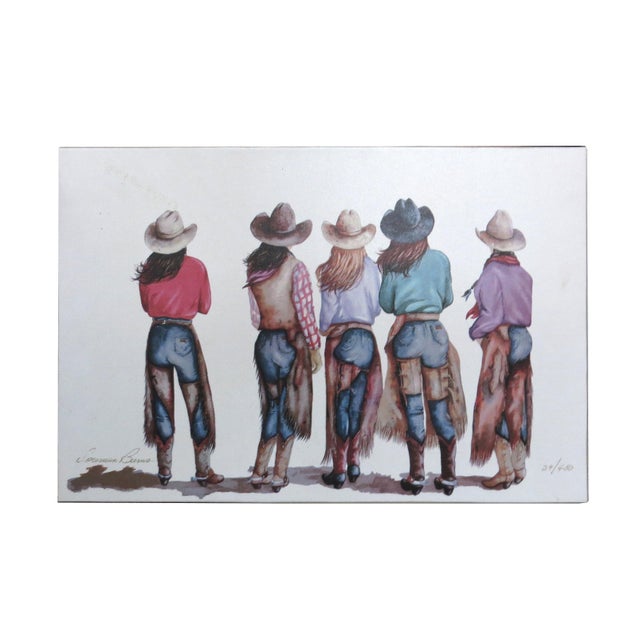 Late 20th Century Doreman Burns Western Lithograph Canvas of Cowgirls Titled "He's Mine" For Sale