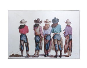 Late 20th Century Doreman Burns Western Lithograph Canvas of Cowgirls Titled "He's Mine"