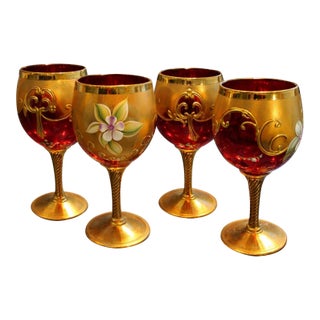 1970s Set of 4 Signed Venetian Style Ruby & Gold Art Glass Goblets – Hollywood Regency For Sale