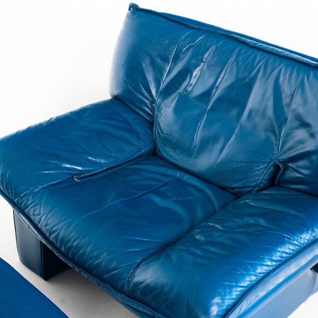 Set of Vintage Blue Leather Armchair and Ottoman by Nicoletti Salotti for Avanti, Italy, 1980s For Sale - Image 14 of 18
