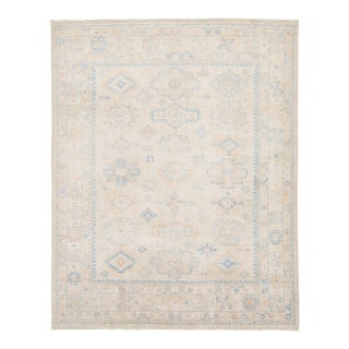 8x10 Neutral Elegance Hand-Knotted Peshawar Wool Rug – Muted Sky Blue & Ivory For Sale