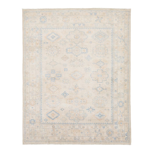 8x10 Neutral Elegance Hand-Knotted Peshawar Wool Rug – Muted Sky Blue & Ivory For Sale