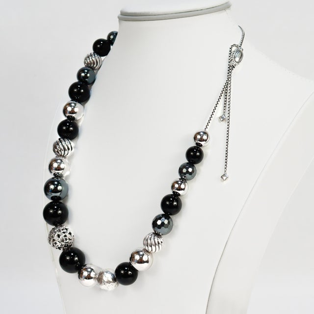 Silver David Yurman Elements Adjustable Silver, Onyx, & Hematite Bead Necklace For Sale - Image 8 of 12