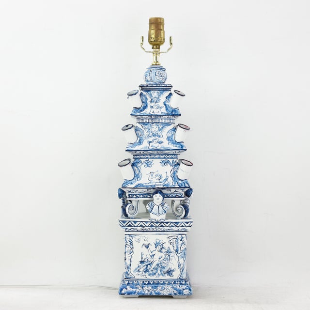 Early 21st Century Pair of Vintage Dutch Style Blue and White Hand Painted Pagoda Metal Table Lamps With Cherub and Floral Motif For Sale - Image 5 of 13