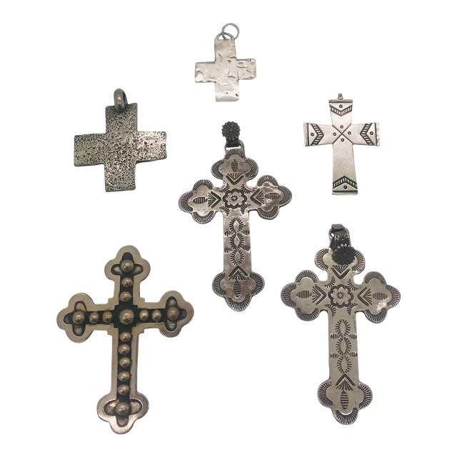 Antique Sterling Silver Cross Pendant Attributed to T Foree, a Set of 6 For Sale
