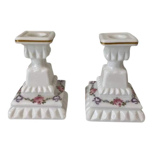 Westmoreland Milk Glass Hand Painted Roses and Bows Candlesticks - a Pair For Sale