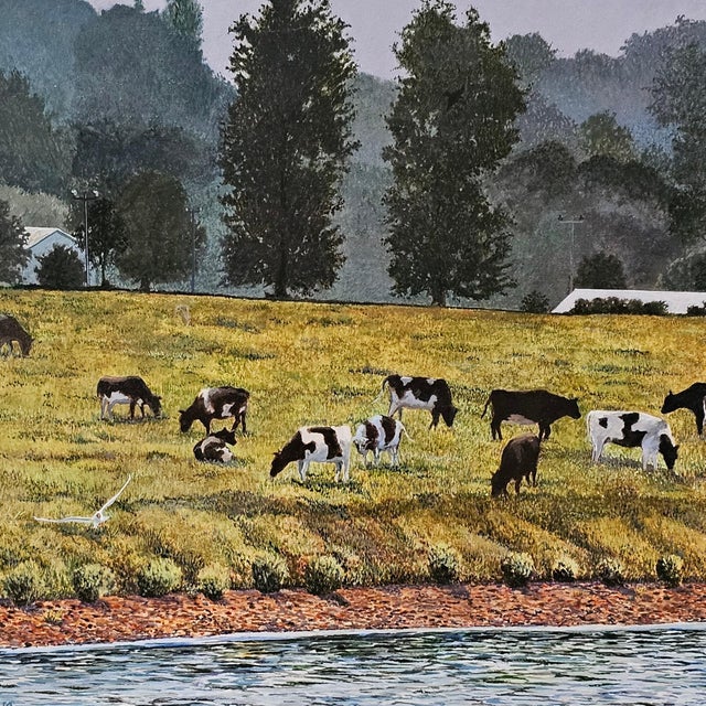 Green Joe Tye Oil Painting “Early Morning Along the Elbe” 1991 Framed Landscape Art 26” For Sale - Image 8 of 10