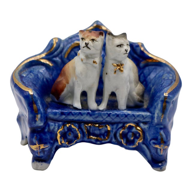 Antique Late 19th Century German Porcelain Miniature Figurine – Two Cats on Blue & Gold Armchair, Mold No. 3896 For Sale