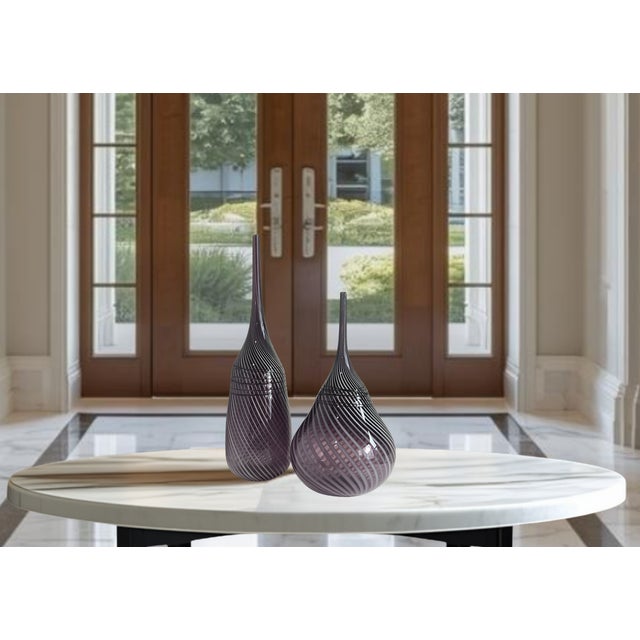 24 + In. Murano Style Purple White Applied Black Swirl Bulbous Art Glass Vase Set of 2 For Sale - Image 10 of 14