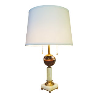 1930s Art Deco White Onyx Pink Marble Column Bronze Table Lamp For Sale