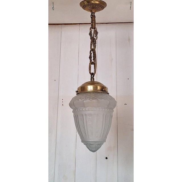 Antique French Teardrop Lamp with Frosted Relief Glass Shade on Brass Mount, 1900s, in Very Good conditions. Designed 1890...