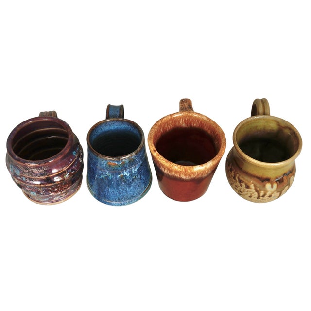 Rustic European Mismatched Drip Glaze Earthenware Mugs - Set of 4 For Sale - Image 3 of 9