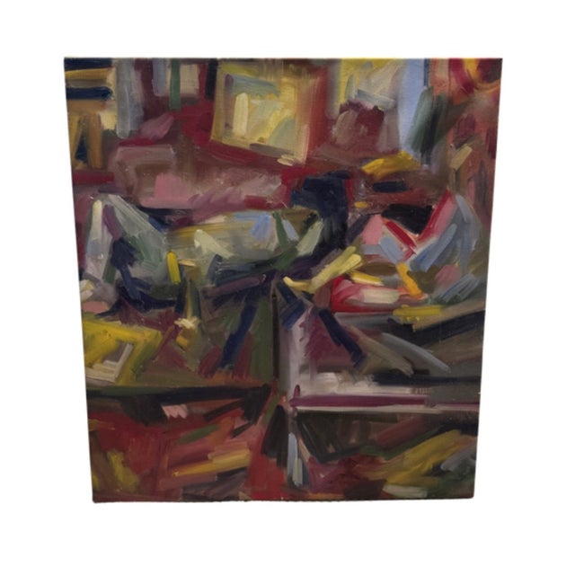 Bold, energetic, and richly layered, this large-scale abstract expressionist painting features dynamic gestural brushwork...