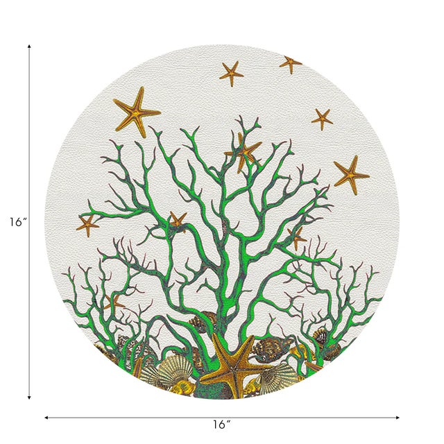 Coastal Coral Reef Vegan Leather Round Pebble Placemat White Green, Set of 4 For Sale - Image 3 of 5