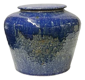Vintage Distressed Deep Blue White Flecks Round Pottery Pot Jar Urn