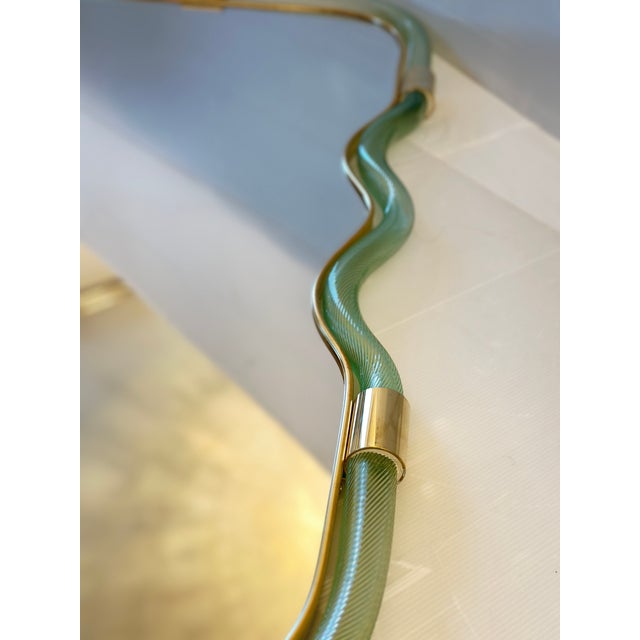 Contemporary Wave Mirror in Green and Gold "Torchon" Torciglione Murano Style Glass For Sale - Image 9 of 10