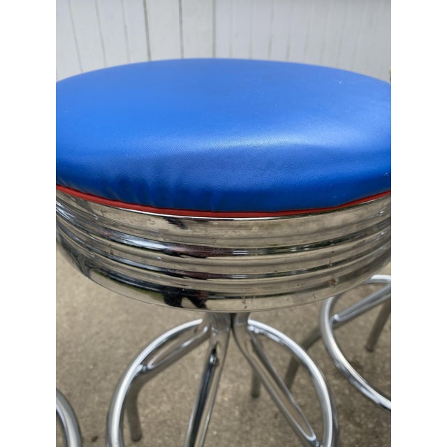 Vintage Blue, Red, Orange, and Yellow Swivel Bar Stools, 1990s, Set of 5 For Sale - Image 4 of 18