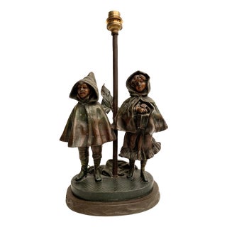 Antique Spelter Bedside Lamp with Children, 1900s For Sale