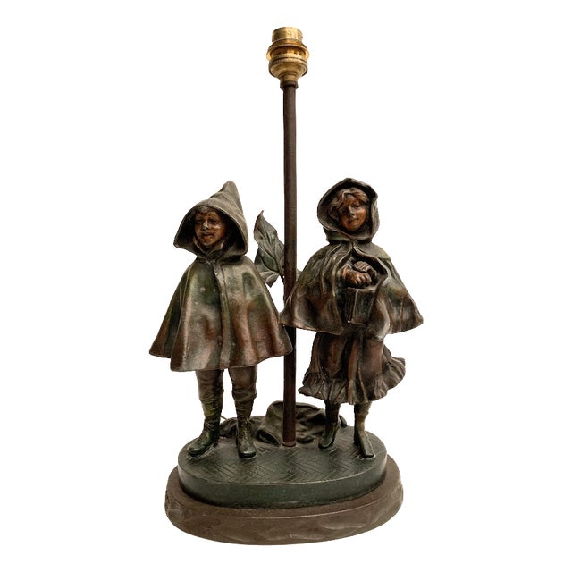 Antique Spelter Bedside Lamp with Children, 1900s For Sale