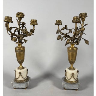 Pair of 19th-century marble and bronze vase-shaped candelabra with flower vases For Sale