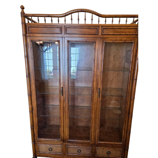 Vintage Thomasville Faux Bamboo and Cane Glass Display Cabinet China Hutch For Sale - Image 13 of 17