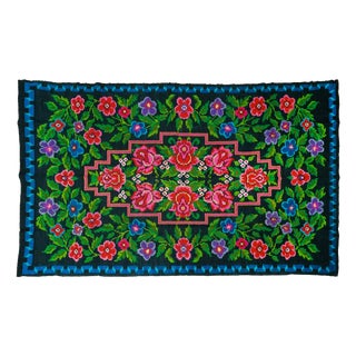 Vintage Romanian Bessarabian-Style Black Floral Wool Rug with Cobalt Blue Border, 1970s For Sale