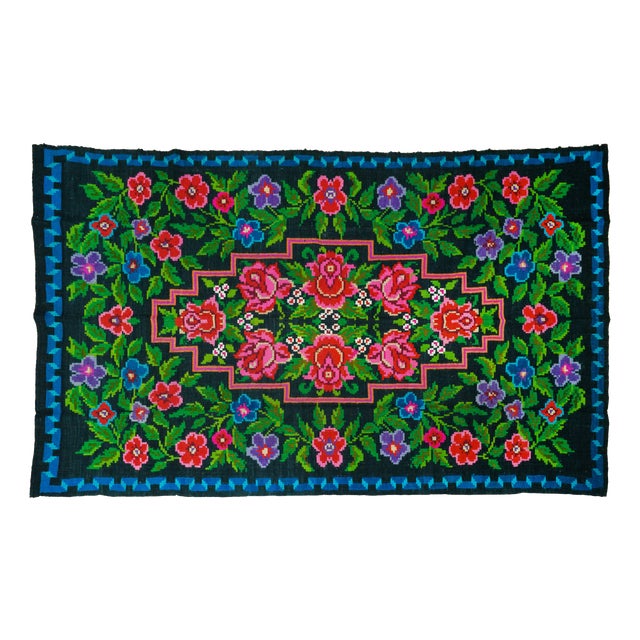 Vintage Romanian Bessarabian-Style Black Floral Wool Rug with Cobalt Blue Border, 1970s For Sale