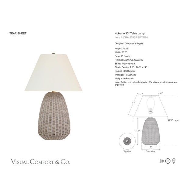 Chapman & Myers by Visual Comfort Signature Kokomo 30" Table Lamp in Ash Wicker and Antique-Burnished Brass with Linen...