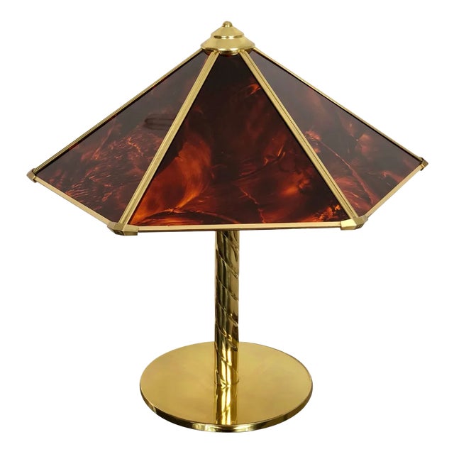 Vintage Brass & Faux Tortoise Acrylic Table Lamp by Sciolari, Italy, 1970s For Sale