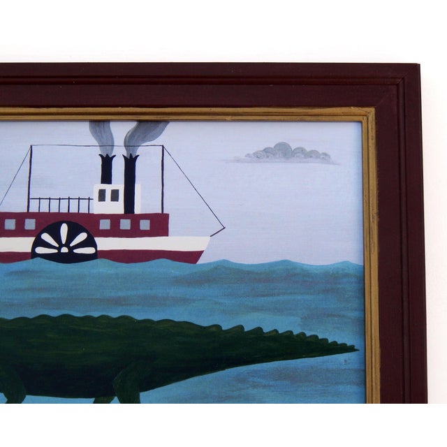 Paper Matt Rix, Naïve Style River Scene with Alligator and Paddle Steamer, Print, Framed For Sale - Image 7 of 10