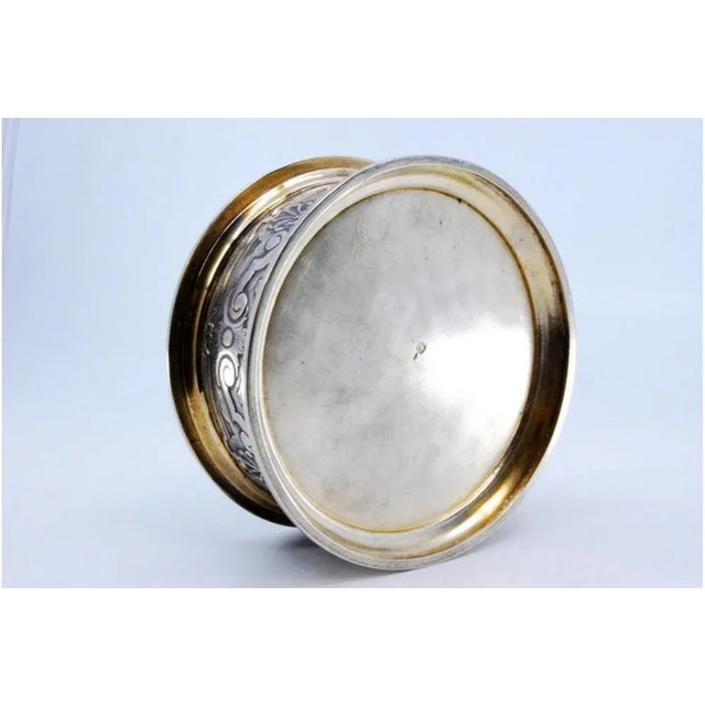 Metal Jewelry Box in Embossed Silver with Circular Plant Motifs, Gold Interior and Antique Lady Removable Lid For Sale - Image 7 of 10