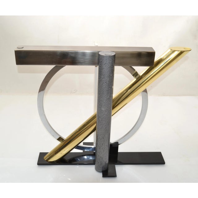 1980s Kaizo Oto Design Institute of America Console Glass Table Brass, Steel, Chrome For Sale - Image 5 of 13