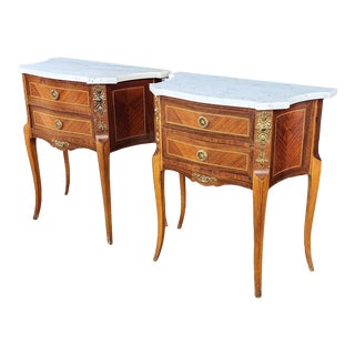 Pair Inlaid Walnut French Louis XV Style Marble Top 2 Drawer Stands, C1980s For Sale