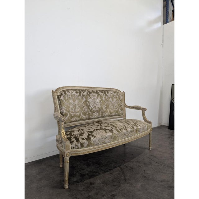 Louis XVI Style Cream Lacquered and Upholstered Cabriolet Salon Set with Gilded Highlights, Set of 6 For Sale - Image 4 of 18