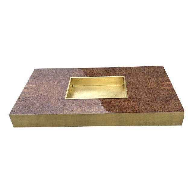 Italian Coffee Table in Walnut Burl and Brass, 1970 For Sale