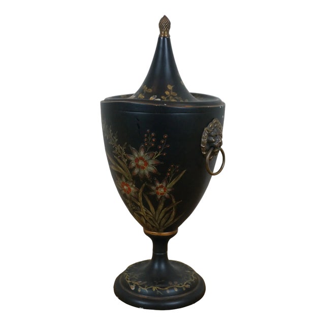 Vintage Black Toleware Floral Lions Head Chestnut Trophy Mantel Urn For Sale