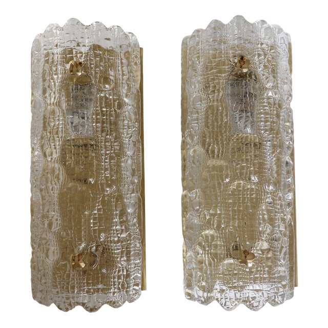 Glass and Brass Wall Lights by Carl Fagerlund for Orrefors, 1960, Set of 2 For Sale
