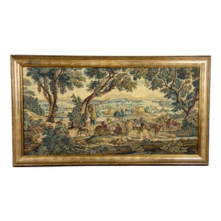 Tapestry Pastoral Scene Landscape Forest in Wooden Frame, 1900s For Sale