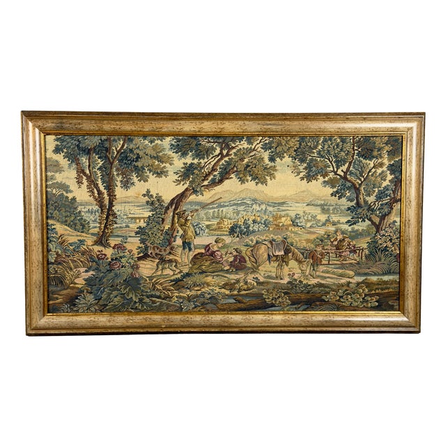 Tapestry Pastoral Scene Landscape Forest in Wooden Frame, 1900s For Sale