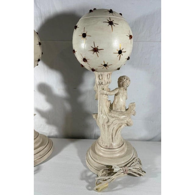 Vintage Mid-Century Modern Hollywood Regency Ceramic Cherub Sunburst Globe Lamps - A Pair For Sale - Image 10 of 16